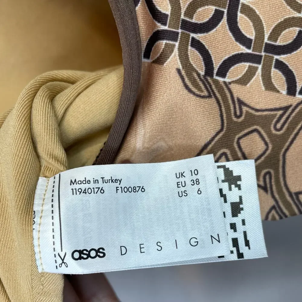 ASOS Design Splice One Piece Swimsuit Monogram Chain Horse bit Print Brown Tan 6